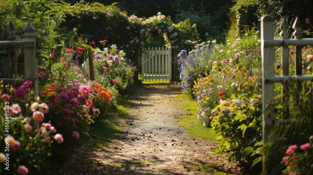 Obraz premium Sunlit garden path leading to white gate.
