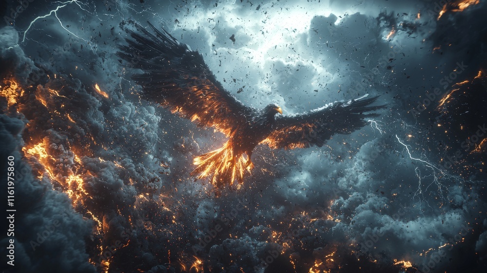 Fototapeta premium A mythical bird emerges from fiery clouds, surrounded by lightning and chaos, symbolizing rebirth and transformation.