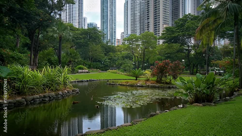 Urban Oasis: Serene Pond and Lush Greenery Amidst Skyscrapers Urban Oasis: Serene Pond and Lush Greenery Amidst Skyscrapers