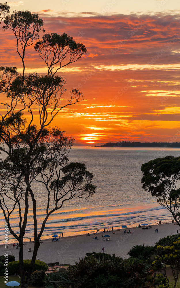 Obraz premium Landscape Australia Ocean Beach Sunset Beach Scene Postcard AI Hand Drawn Art - Social Media. Blank template. Design illustration. Space for copy.