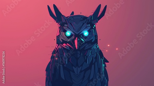 Robotic owl with glowing eyes against pink background. photo