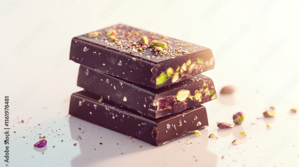 Obraz premium Dubai Chocolate Kunafa Pistachio on white background,Dubai Chocolate bar with green kadayif and pistachio spread,popular and viral chocolate 2024,space for text.