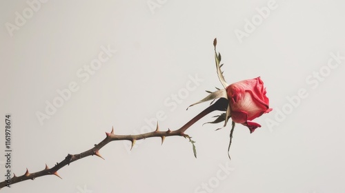 Fototapeta Naklejka Na Ścianę i Meble -  Single wilting pink rose with thorns on stem.