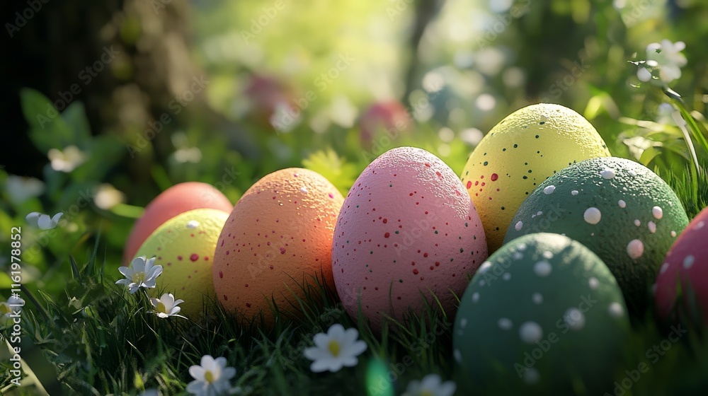 Colorful easter eggs in a festive spring setting with pastel shades and intricate decorative patterns, perfect for celebrating the holiday season and adding vibrant cheer to seasonal designs