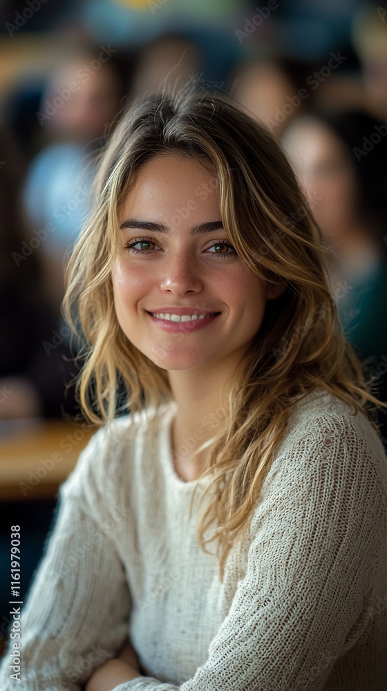 Smiling Woman Casual Portrait Blonde Hair Knit Sweater Smiling Woman Casual Portrait Blonde Hair Knit Sweater