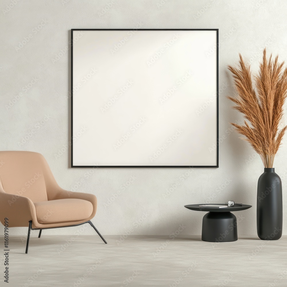 Cozy Living Room with Armchair and Dining Table, Featuring Mockup Frame in Bright Interior Lighting Cozy Living Room with Armchair and Dining Table, Featuring Mockup Frame in Bright Interior Lighting