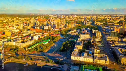 Embankment of the central pond and Plotinka. Watercolor illustration. The historic center of the city of Yekaterinburg, Russia, From Dron photo