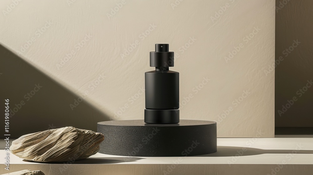Black perfume bottle on minimalist display. Black perfume bottle on minimalist display.