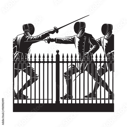 Fencing Silhouette Vector Illustration, Solid White Background.