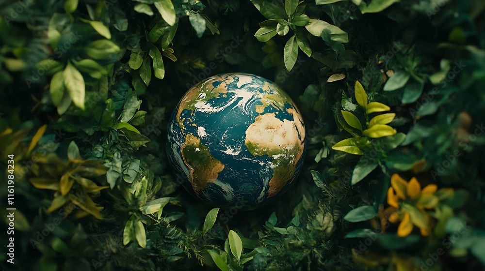 a globe is nestled in the middle of a lush and vibrant green background, symbolizing environmental preservation a globe is nestled in the middle of a lush and vibrant green background, symbolizing environmental preservation