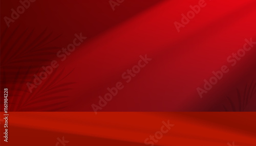 Red Background wall kitchen with palm leaves shadow,light from window effect on empty floor for Chinese New Year product present,Vector 3d Studio Room with summer sunlight reflection on podium display