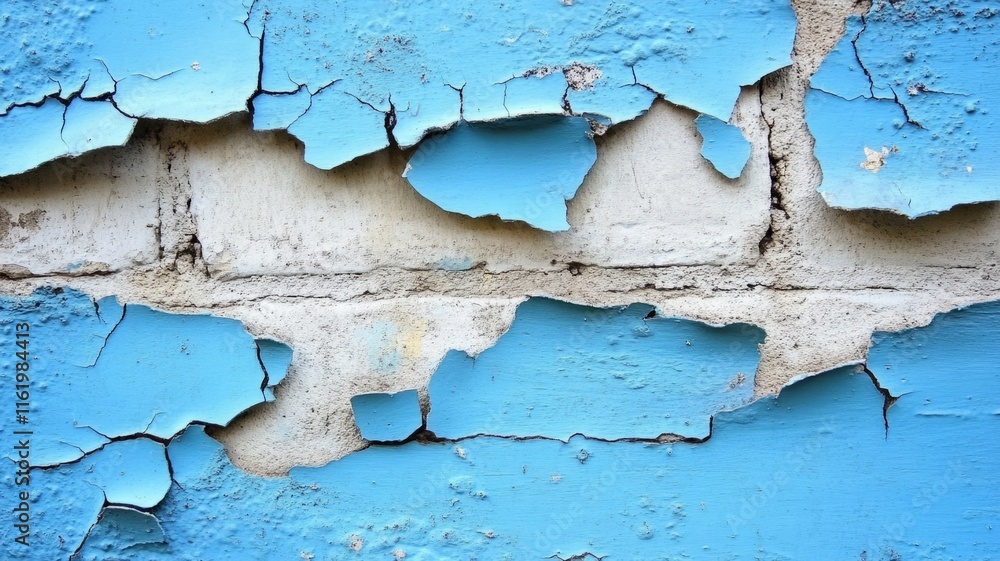 Obraz premium Blue paint peels from weathered brick wall
