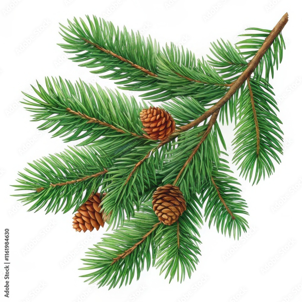 Green spruce branch with cones on white background, isolated element for design and decoration Green spruce branch with cones on white background, isolated element for design and decoration