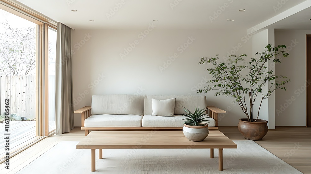 Fototapeta premium Minimalist living room with light wood furniture, off-white sofa, and potted plants.