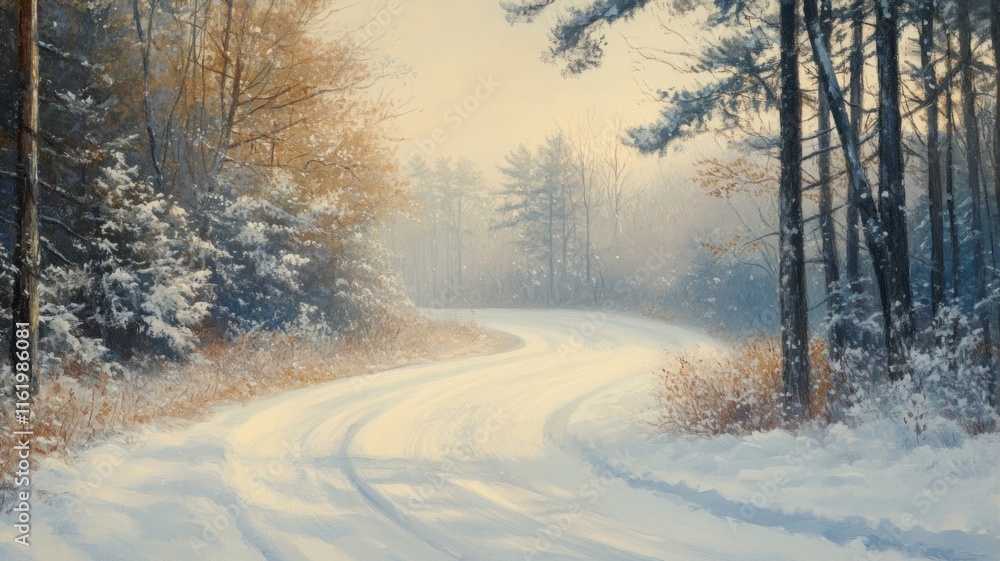 A Winding Snow Covered Road Through a Winter Forest A Winding Snow Covered Road Through a Winter Forest
