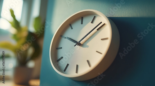 Wallpaper Mural Simple white wall clock showing the time, mounted on a teal wall, with blurred indoor plant in background. Torontodigital.ca