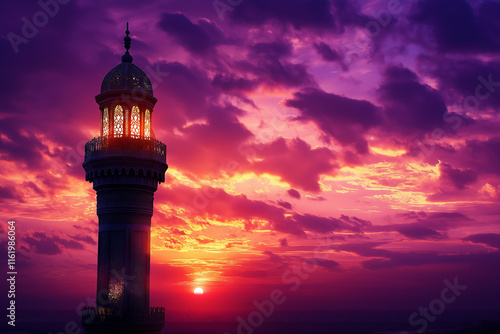 A breathtaking Ramadan-themed minaret silhouetted against a purple and gold sunset, with ornate lanterns glowing and Arabic calligraphy softly lit 

 photo