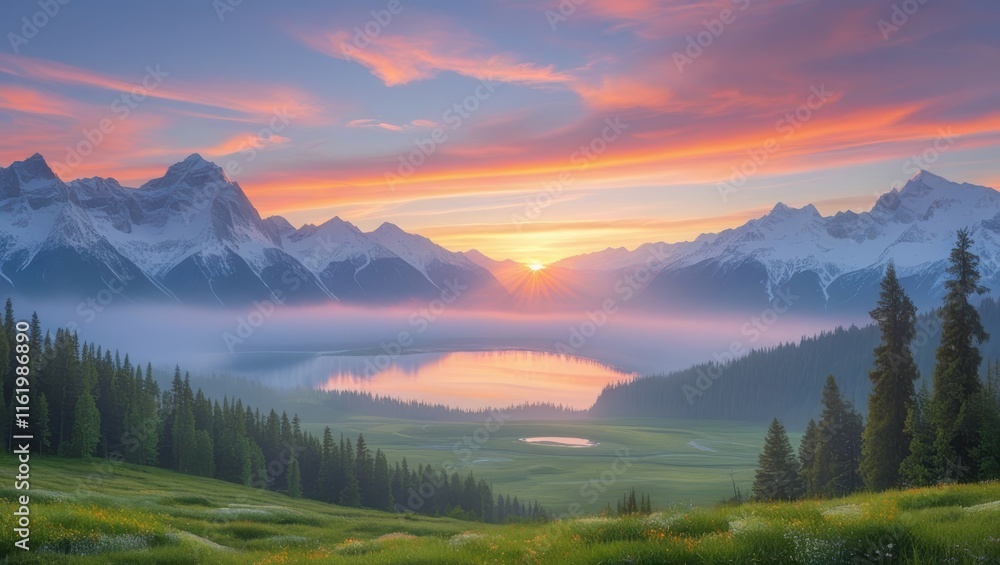 Obraz premium Majestic Sunrise Over Misty Mountain Lake And Meadow
