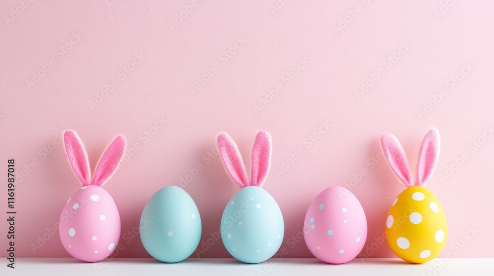 Colorful easter eggs with pink bunny ears on a white table against a bright pink background, perfect for festive spring decorations, holiday-themed designs, and easter celebration concepts Colorful easter eggs with pink bunny ears on a white table against a bright pink background, perfect for festive spring decorations, holiday-themed designs, and easter celebration concepts