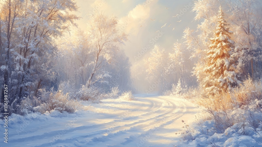 Winter Wonderland Road Through Snowy Forest Winter Wonderland Road Through Snowy Forest