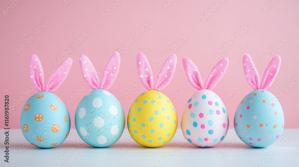Colorful easter eggs with pink bunny ears on a white table against a bright pink background, perfect for festive spring decorations, holiday-themed designs, and easter celebration concepts Colorful easter eggs with pink bunny ears on a white table against a bright pink background, perfect for festive spring decorations, holiday-themed designs, and easter celebration concepts