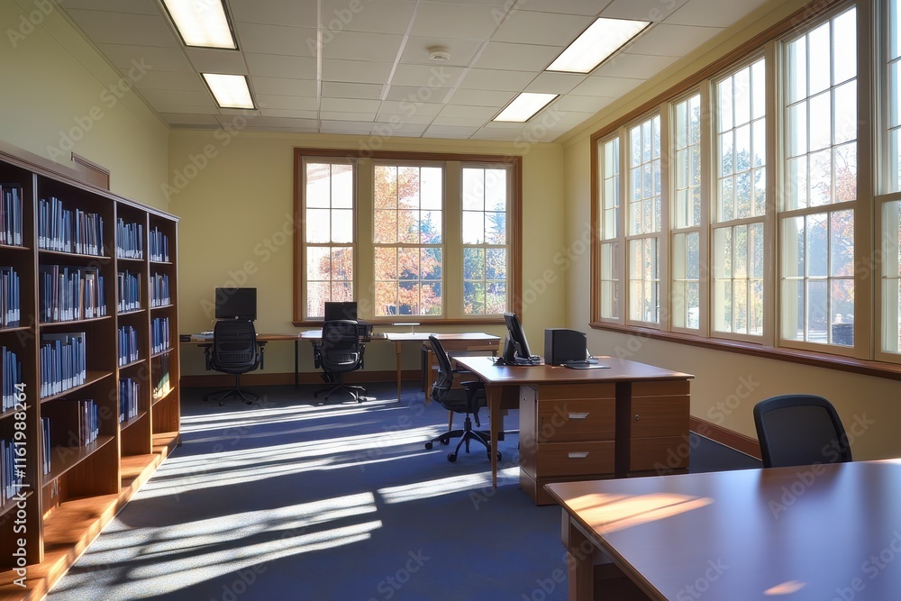 Bright library study room with desks, computers, bookshelves, and large windows. Bright library study room with desks, computers, bookshelves, and large windows.