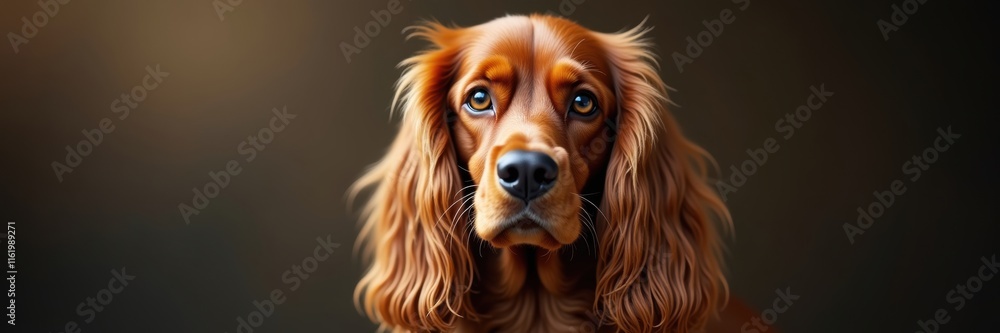 A Regal Sussex Spaniel Stares Intently With Golden Eyes And Flowing Auburn Fur Against A Dark Backdrop A Regal Sussex Spaniel Stares Intently With Golden Eyes And Flowing Auburn Fur Against A Dark Backdrop