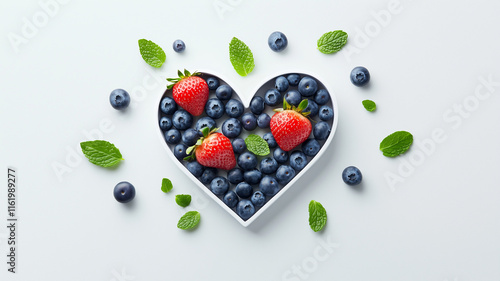 Fresh blueberries and strawberries arranged in heart shaped bowl, surrounded by mint leaves, create vibrant and healthy display. Perfect for nutritious snack or dessert