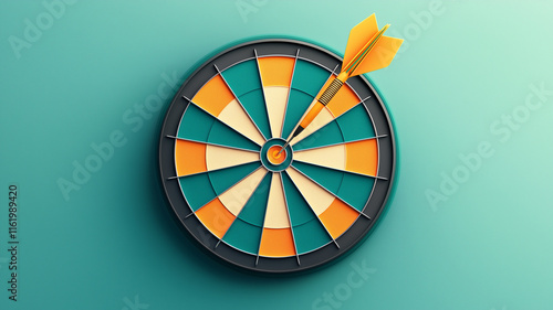 vibrant dartboard with yellow dart hitting center, showcasing precision and focus. colorful segments create engaging visual, perfect for sports or game themed content