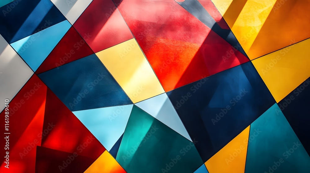 Fototapeta premium Colorful angular shapes interlocking with deep shadows forming striking patterns on a surface