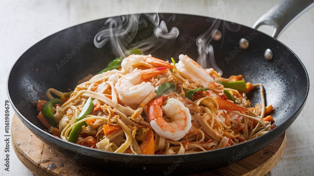 A Pad Thai Sizzling in a Wok or Frying Pan With Tendrils of Steam Rising - Generated by AI A Pad Thai Sizzling in a Wok or Frying Pan With Tendrils of Steam Rising - Generated by AI
