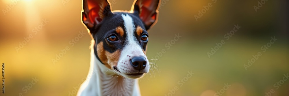 Golden Hour Gaze of a Toy Fox Terrier capturing the serene beauty of this charming small dog with intelligent eyes and a radiant sunset backdrop Golden Hour Gaze of a Toy Fox Terrier capturing the serene beauty of this charming small dog with intelligent eyes and a radiant sunset backdrop