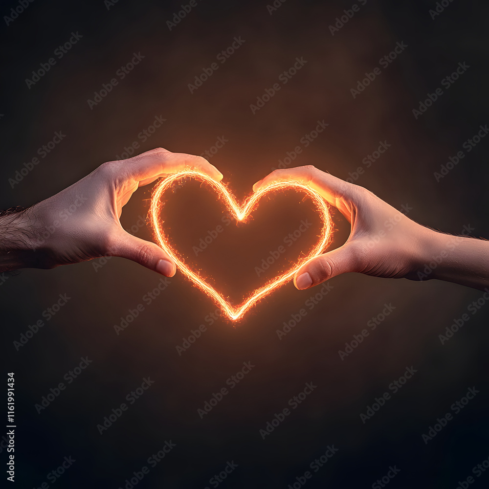 Fototapeta premium glowing heart shape formed by two hands symbolizes love and connection, radiating warmth and emotion in dark background