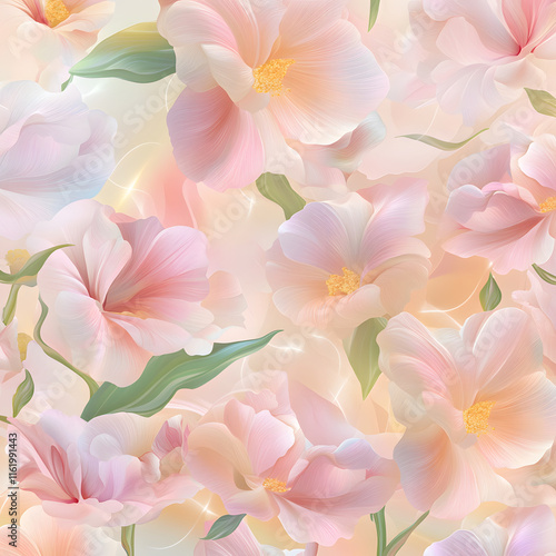 beautiful floral pattern featuring soft pink and peach flowers with delicate petals and green leaves, creating serene and romantic atmosphere