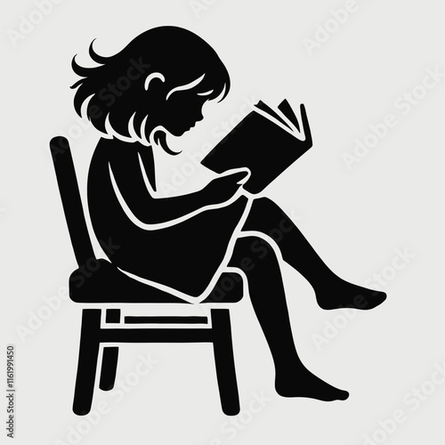 very simple flat and minimalist girl reading book silhouette in black color on a white background