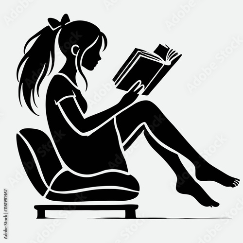 very simple flat and minimalist girl reading book silhouette in black color on a white background