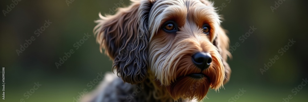 A close-up portrait of a Wirehaired Pointing Griffon with soulful brown eyes and distinctive shaggy coat showcasing its gentle and alert nature in natural light A close-up portrait of a Wirehaired Pointing Griffon with soulful brown eyes and distinctive shaggy coat showcasing its gentle and alert nature in natural light