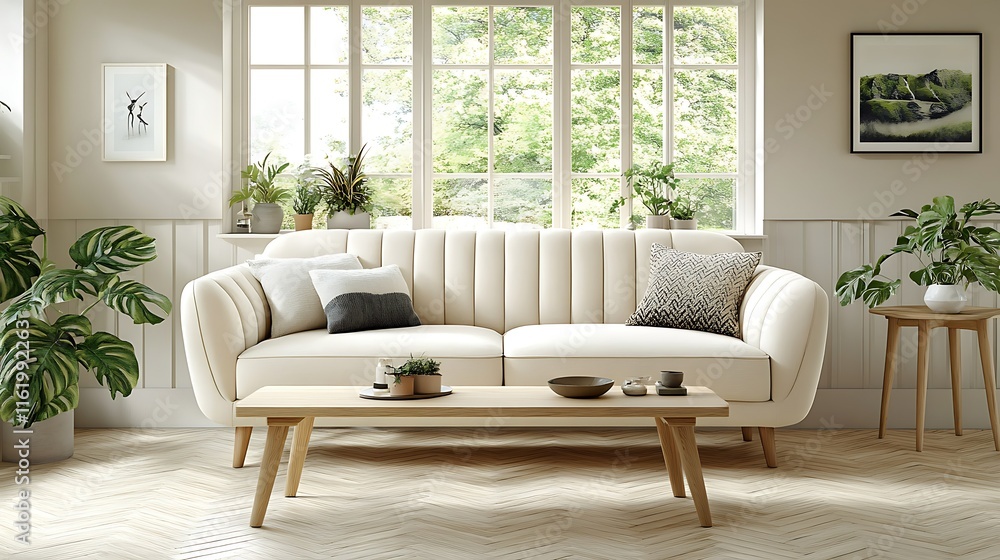 Fototapeta premium Bright living room with cream sofa, wooden coffee table, plants, and large window.