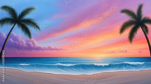 a tropical beach at sunset, with palm trees swaying in the warm breeze, vibrant colors in the sky