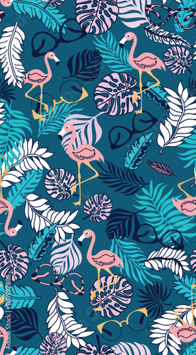seamless pattern Exotic tropical flowers and leaves. Flamingo birds. artwork for fabrics, souvenirs, packaging, greeting cards and scrapbooking