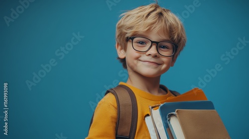 Portrait of a smart blond schoolboy in glasses 8-10 years old with textbooks and a school bag on his shoulders looking at the camera with a smile, studio blue background, copyspace