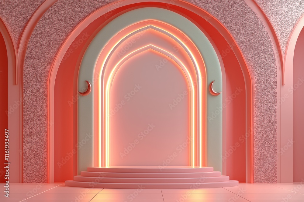 Fototapeta premium Illuminated Pink Archway with Crescent Moons and Platform