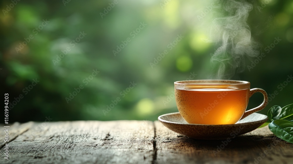 Steaming cup of tea on wooden table outdoors. Steaming cup of tea on wooden table outdoors.