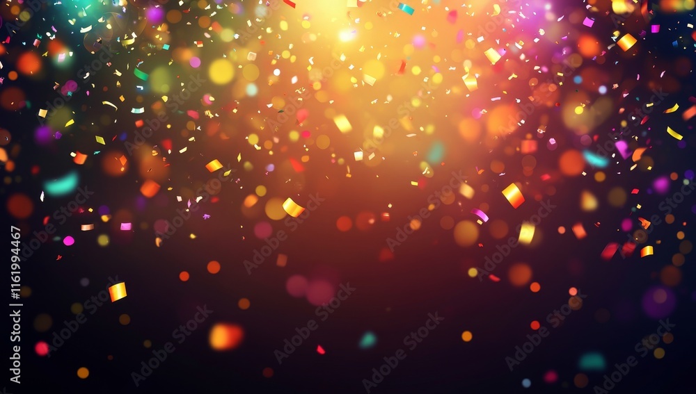 Colorful confetti falling on dark background with bokeh lights. Colorful confetti falling on dark background with bokeh lights.