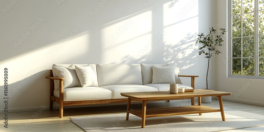 Fototapeta premium Sunlit living room with wooden sofa, coffee table, and plant.