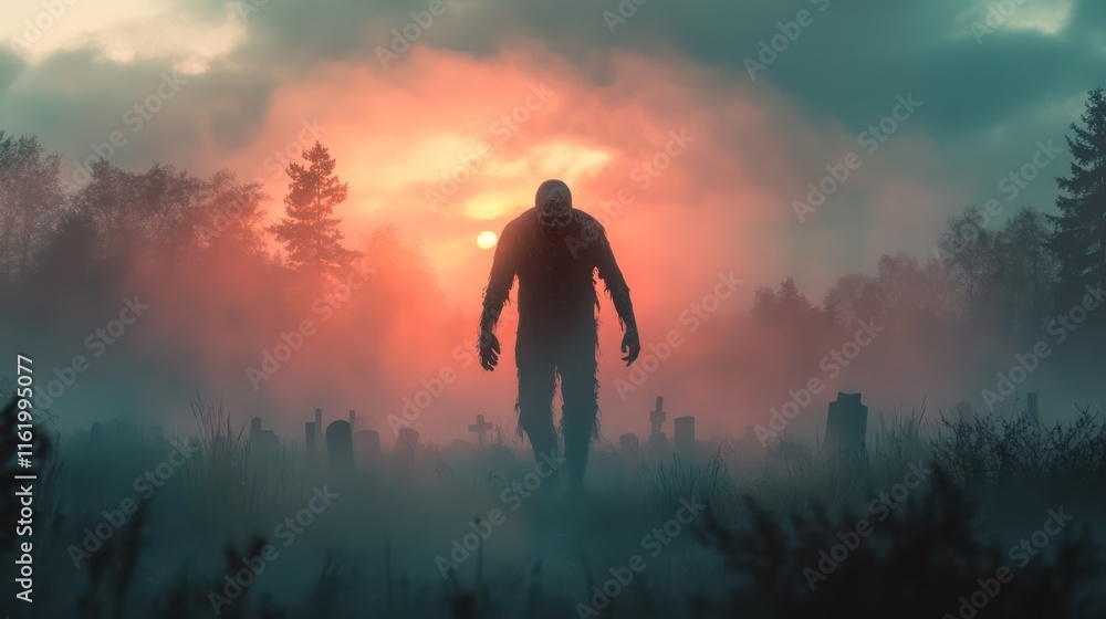 Obraz premium The haunting figure of a zombie emerging from a misty graveyard at dusk.