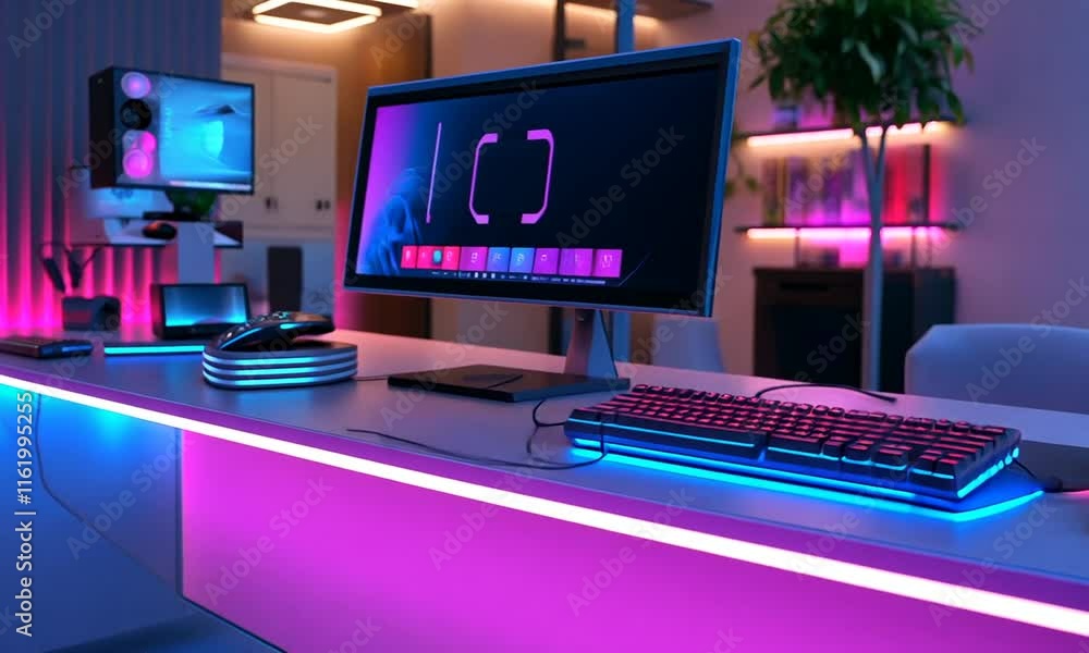 A modern gaming setup with vibrant RGB lighting and sleek design elements. A modern gaming setup with vibrant RGB lighting and sleek design elements.