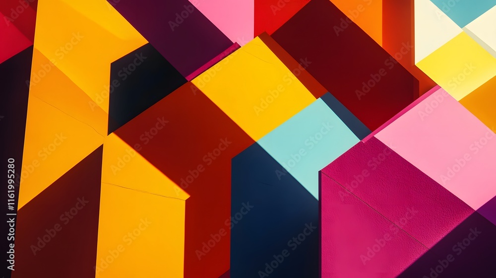A combination of vibrant geometric shapes interlocking with shadows that create complex shapes on the surface A combination of vibrant geometric shapes interlocking with shadows that create complex shapes on the surface