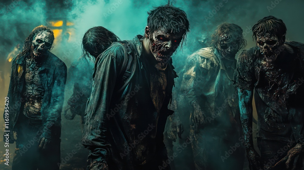 Fototapeta premium A chilling post-apocalyptic scene of a zombie outbreak captured with dramatic lighting and eerie detail. 