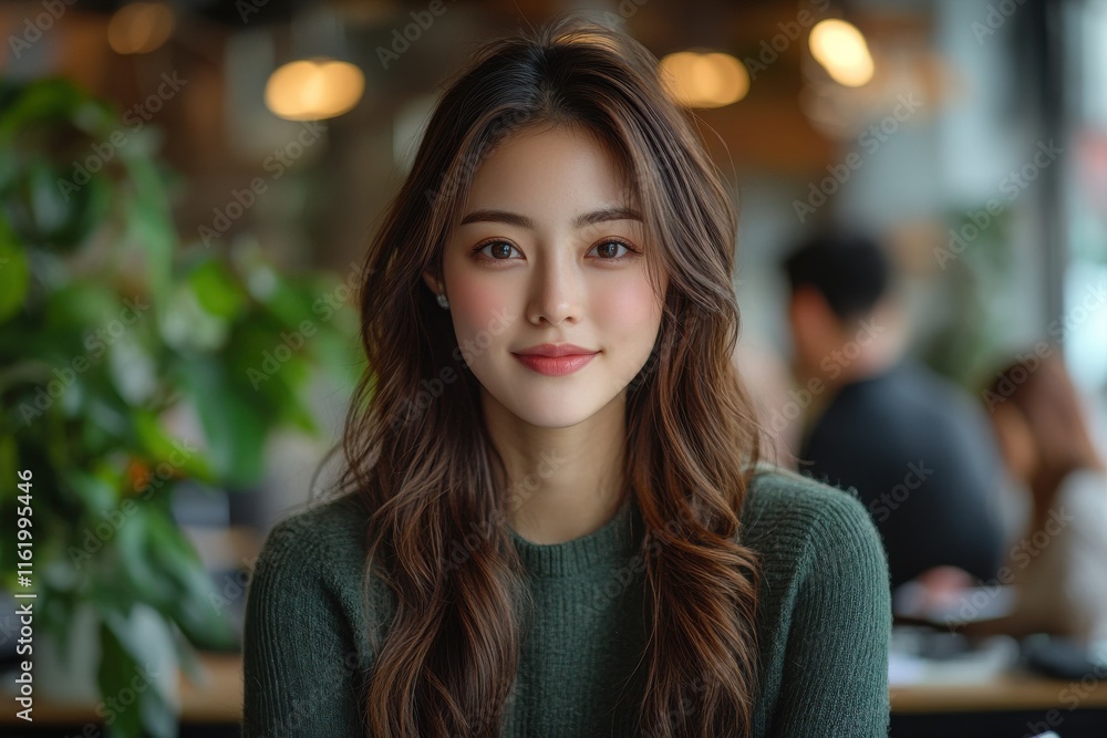Obraz premium A woman with long brown hair is sitting at a table in a restaurant. Generative AI